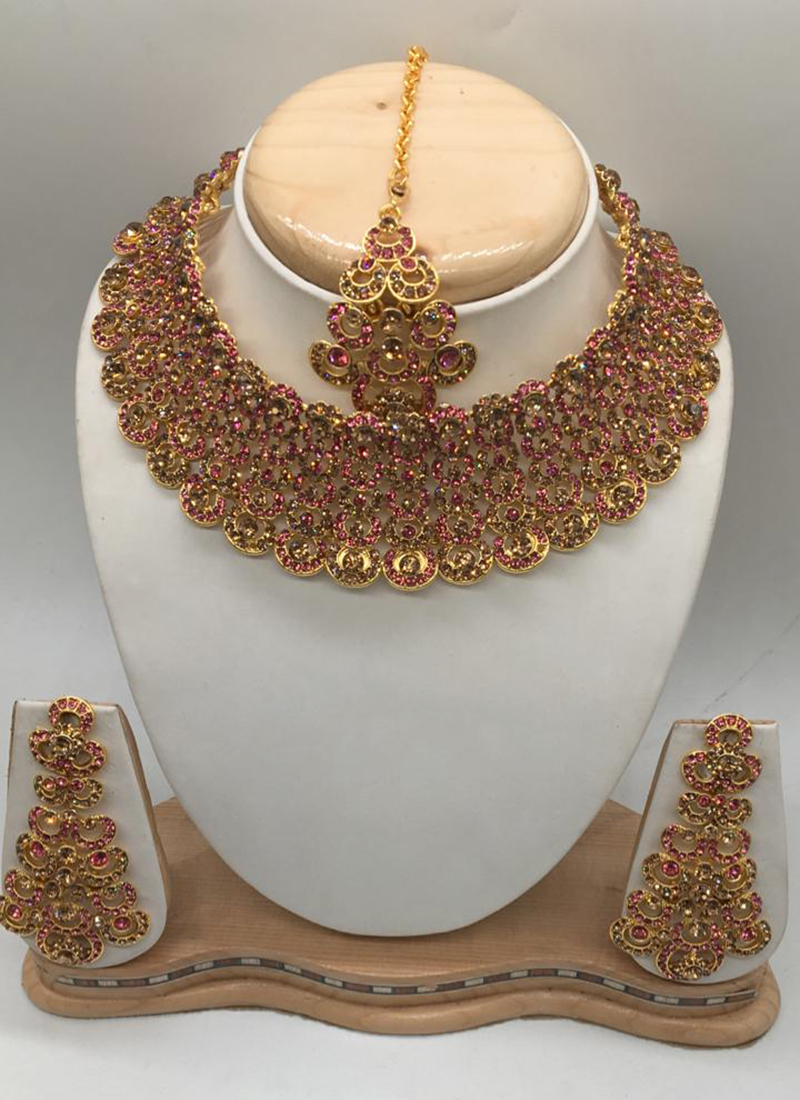 Buy Pink Diamond Jali Design Necklace Set Buy online Online From Surat